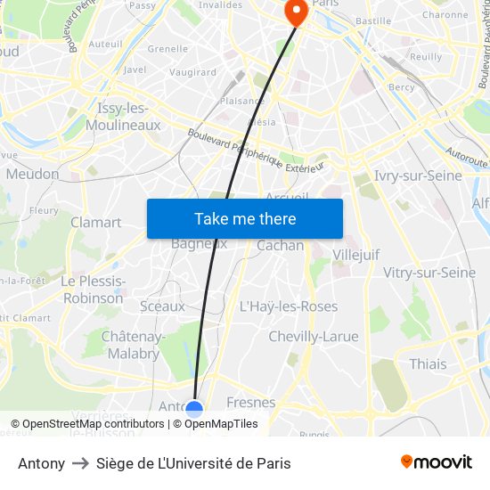 Antony to Siège de L'Université de Paris map