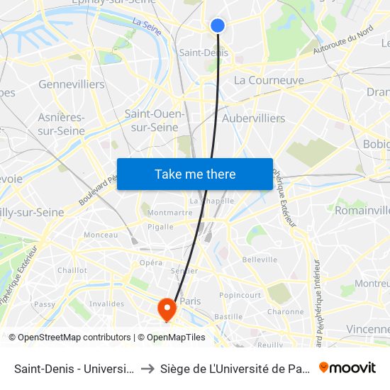 Saint-Denis - Université to Siège de L'Université de Paris map
