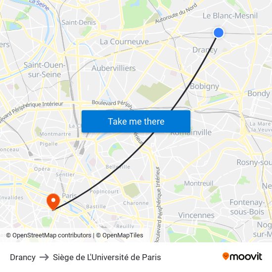 Drancy to Siège de L'Université de Paris map