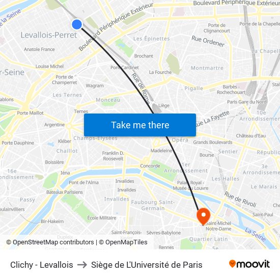 Clichy - Levallois to Siège de L'Université de Paris map