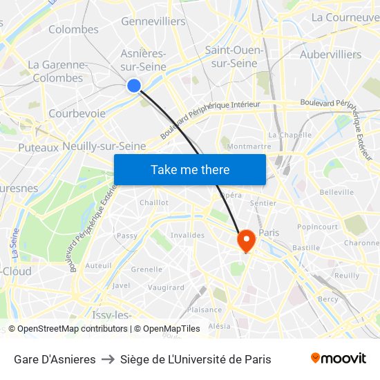 Gare D'Asnieres to Siège de L'Université de Paris map