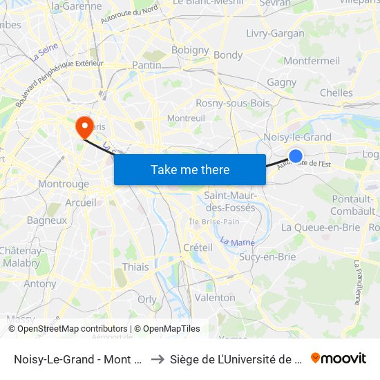 Noisy-Le-Grand - Mont D'Est to Siège de L'Université de Paris map