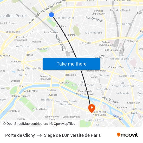 Porte de Clichy to Siège de L'Université de Paris map