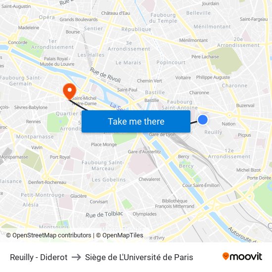 Reuilly - Diderot to Siège de L'Université de Paris map