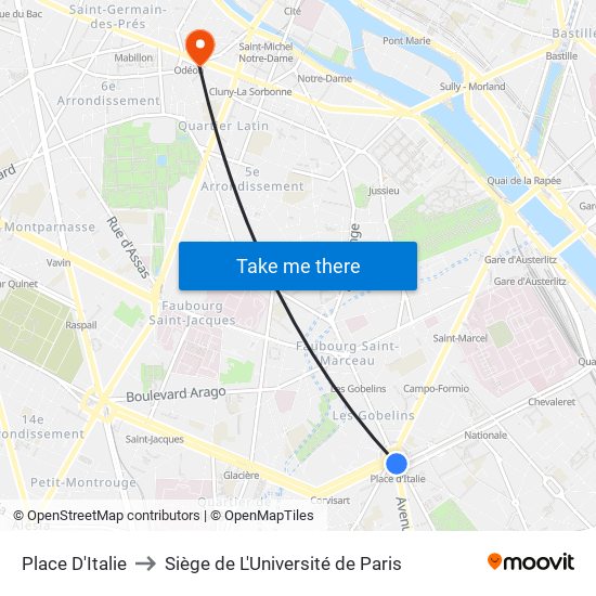 Place D'Italie to Siège de L'Université de Paris map