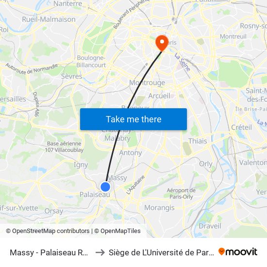 Massy - Palaiseau RER to Siège de L'Université de Paris map
