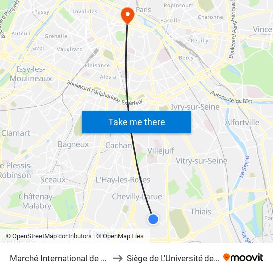Marché International de Rungis to Siège de L'Université de Paris map