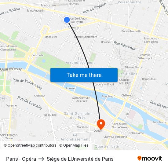 Paris - Opéra to Siège de L'Université de Paris map