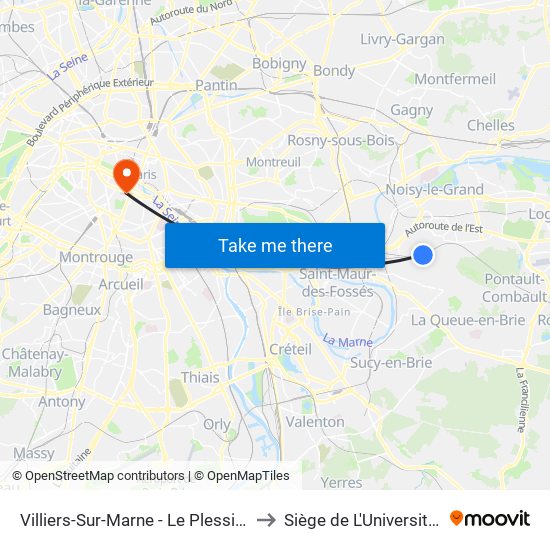 Villiers-Sur-Marne - Le Plessis-Trévise RER to Siège de L'Université de Paris map
