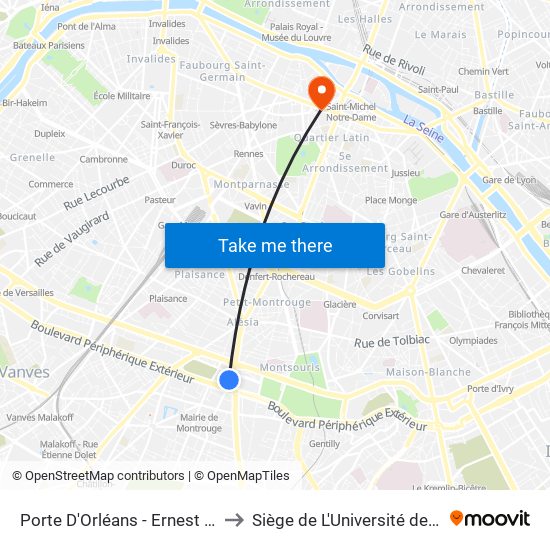 Porte D'Orléans - Ernest Reyer to Siège de L'Université de Paris map