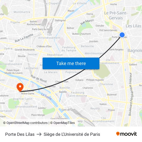 Porte Des Lilas to Siège de L'Université de Paris map