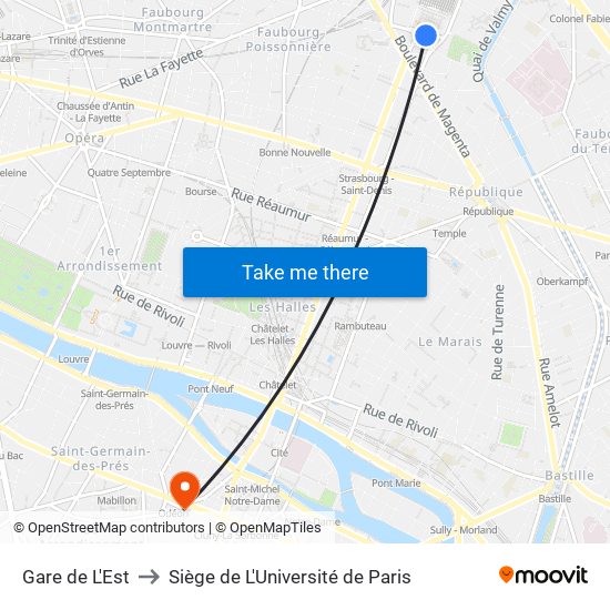 Gare de L'Est to Siège de L'Université de Paris map