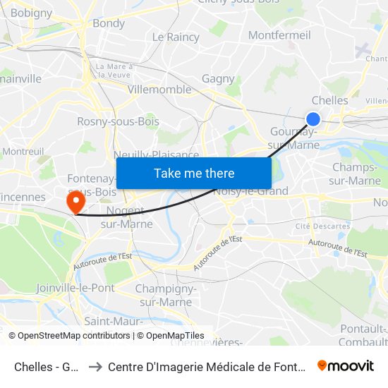Chelles - Gournay to Centre D'Imagerie Médicale de Fontenay-Sous-Bois map