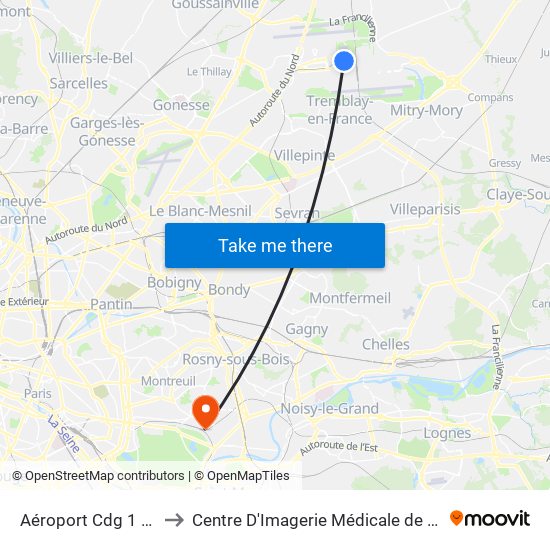 Aéroport Cdg 1 (Terminal 3) to Centre D'Imagerie Médicale de Fontenay-Sous-Bois map