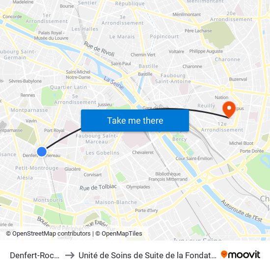 Denfert-Rochereau to Unité de Soins de Suite de la Fondation Rothschild map