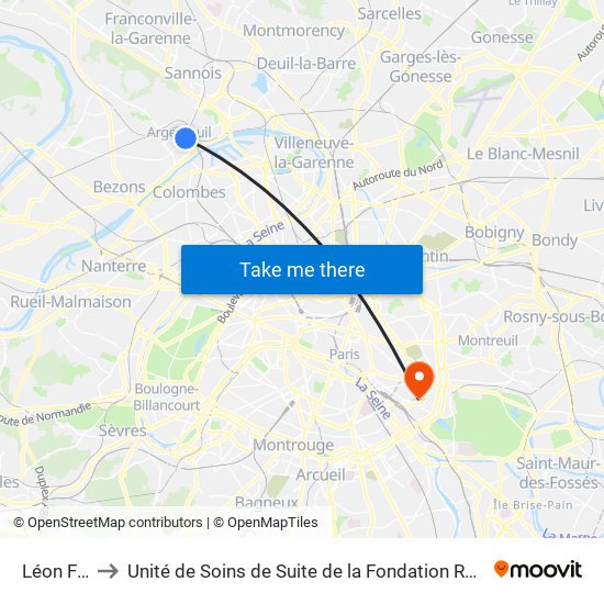 Léon Feix to Unité de Soins de Suite de la Fondation Rothschild map