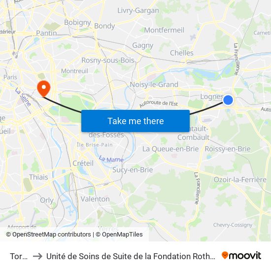 Torcy to Unité de Soins de Suite de la Fondation Rothschild map