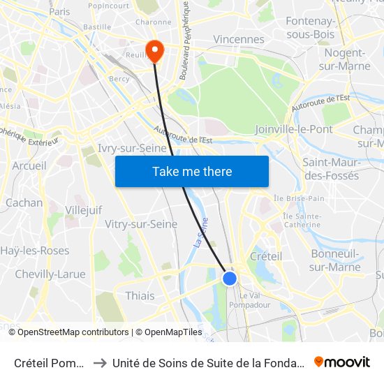 Créteil Pompadour to Unité de Soins de Suite de la Fondation Rothschild map