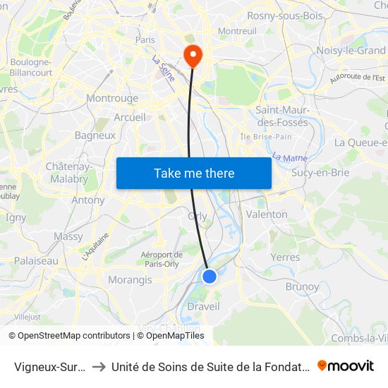 Vigneux-Sur-Seine to Unité de Soins de Suite de la Fondation Rothschild map
