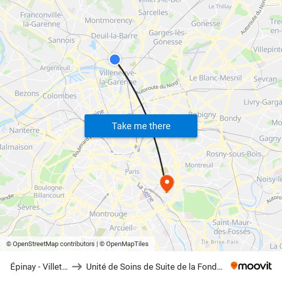 Épinay - Villetaneuse to Unité de Soins de Suite de la Fondation Rothschild map