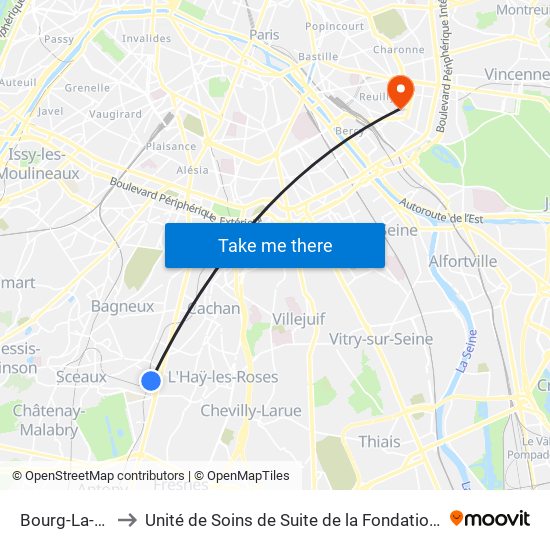 Bourg-La-Reine to Unité de Soins de Suite de la Fondation Rothschild map