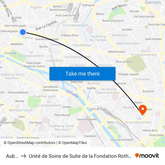 Auber to Unité de Soins de Suite de la Fondation Rothschild map