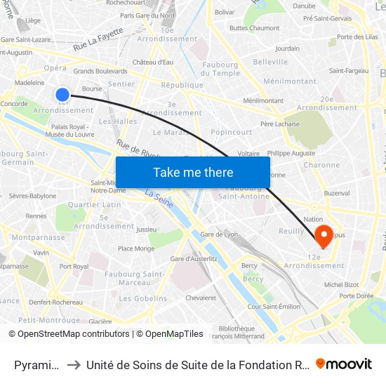 Pyramides to Unité de Soins de Suite de la Fondation Rothschild map