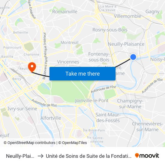 Neuilly-Plaisance to Unité de Soins de Suite de la Fondation Rothschild map