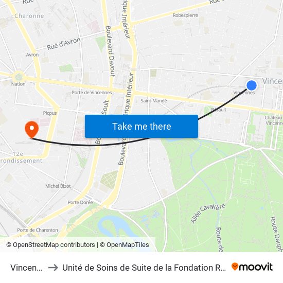 Vincennes to Unité de Soins de Suite de la Fondation Rothschild map