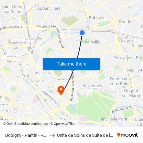 Bobigny - Pantin - Raymond Queneau to Unité de Soins de Suite de la Fondation Rothschild map