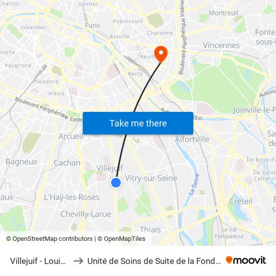 Villejuif - Louis Aragon to Unité de Soins de Suite de la Fondation Rothschild map