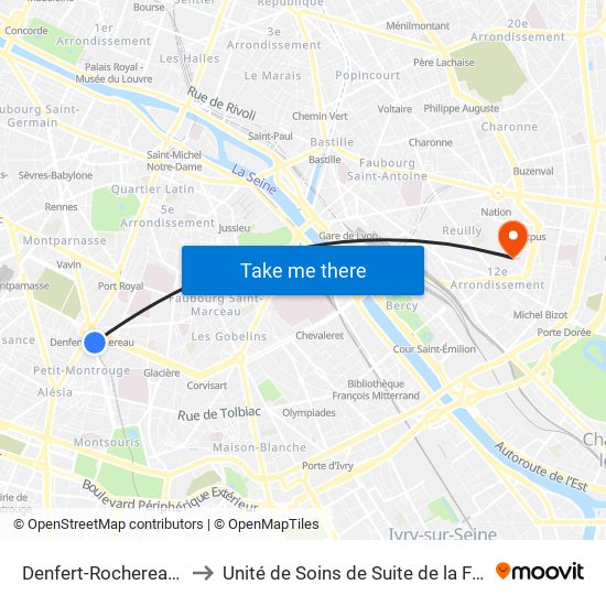 Denfert-Rochereau - Métro-Rer to Unité de Soins de Suite de la Fondation Rothschild map