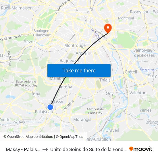 Massy - Palaiseau RER to Unité de Soins de Suite de la Fondation Rothschild map