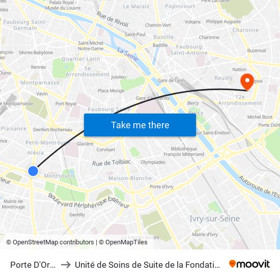 Porte D'Orléans to Unité de Soins de Suite de la Fondation Rothschild map