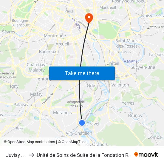 Juvisy RER to Unité de Soins de Suite de la Fondation Rothschild map