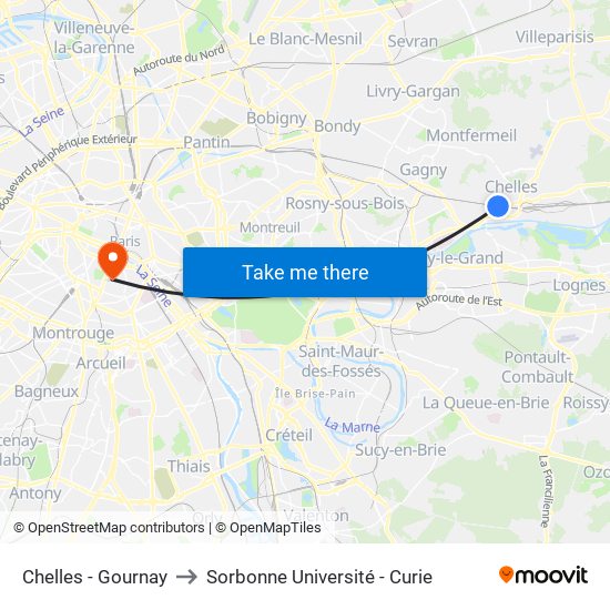 Chelles - Gournay to Sorbonne Université - Curie map