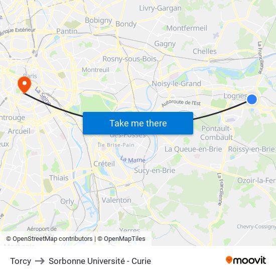 Torcy to Sorbonne Université - Curie map