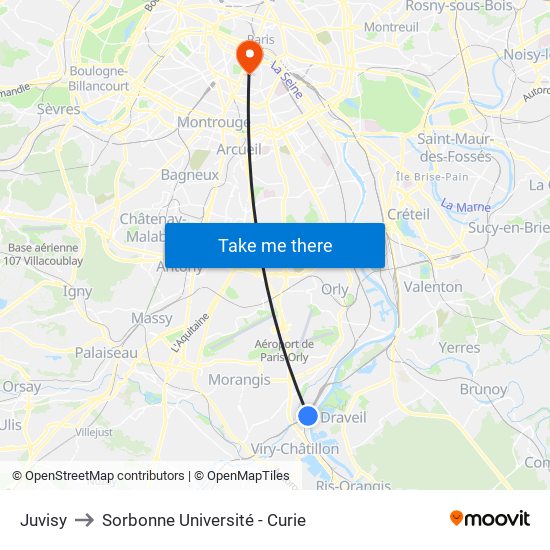 Juvisy to Sorbonne Université - Curie map