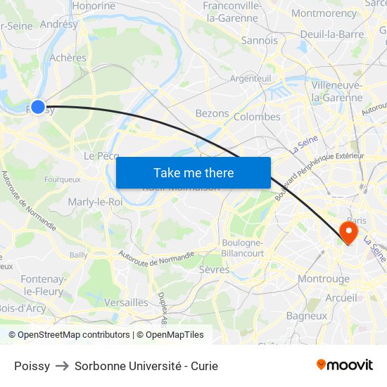Poissy to Sorbonne Université - Curie map