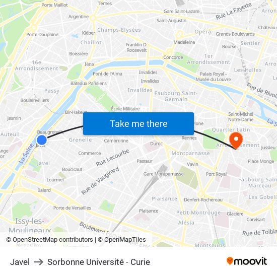 Javel to Sorbonne Université - Curie map