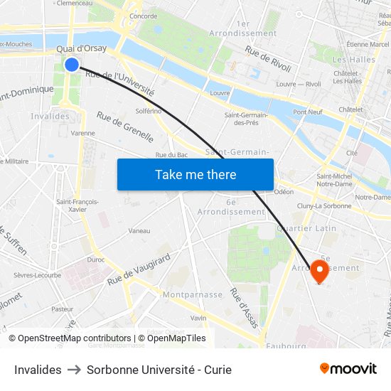 Invalides to Sorbonne Université - Curie map