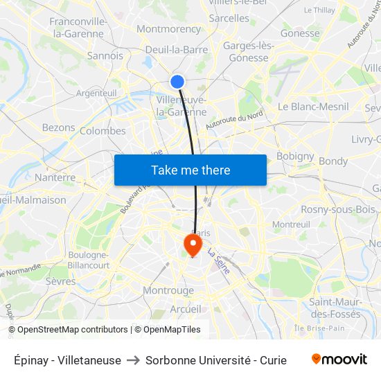 Épinay - Villetaneuse to Sorbonne Université - Curie map