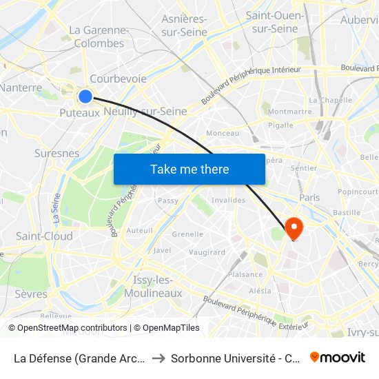 La Défense (Grande Arche) to Sorbonne Université - Curie map