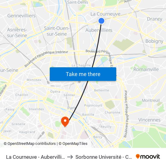 La Courneuve - Aubervilliers to Sorbonne Université - Curie map