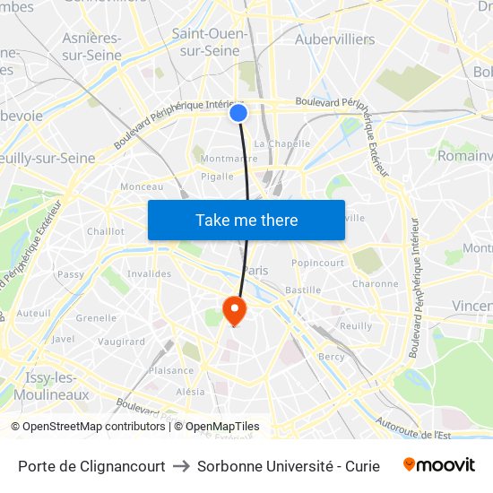 Porte de Clignancourt to Sorbonne Université - Curie map