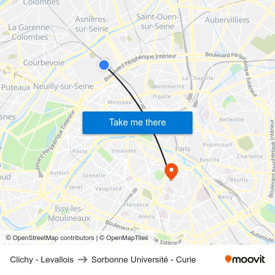 Clichy - Levallois to Sorbonne Université - Curie map