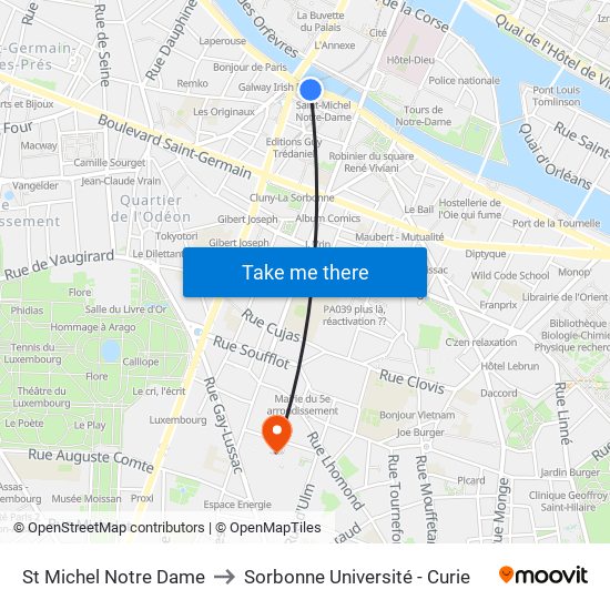St Michel Notre Dame to Sorbonne Université - Curie map