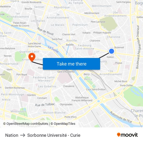Nation to Sorbonne Université - Curie map