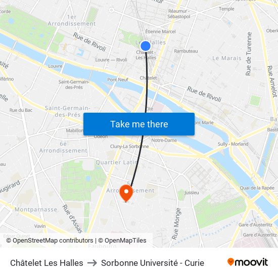 Châtelet Les Halles to Sorbonne Université - Curie map