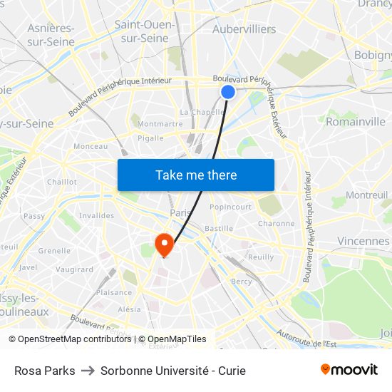 Rosa Parks to Sorbonne Université - Curie map